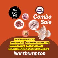 BLACK FRIDAY COMBO SALE- TURKEY MID WINGS 5kg - HARD CHICKEN JUMBO 5kg BEEF TRIPE 2kg - 1 COW FOOT 2kg - ANY 1kg OF HEART, KIDNEY, LIVER, LUNGS CHICKEN GIZZARD 1kg