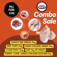 BLACK FRIDAY COMBO SALE- TURKEY MID WINGS 5kg - HARD CHICKEN JUMBO 5kg BEEF TRIPE 2kg - 1 COW FOOT 2kg - ANY 1kg OF HEART, KIDNEY, LIVER, LUNGS CHICKEN GIZZARD 1kg