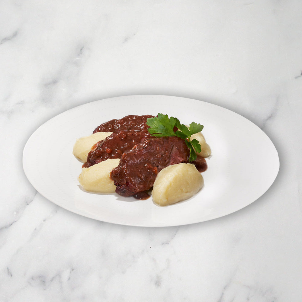 Slow Cooked Beef Cheek in Red Wine with Celeriac Puree, Frozen, 300g
